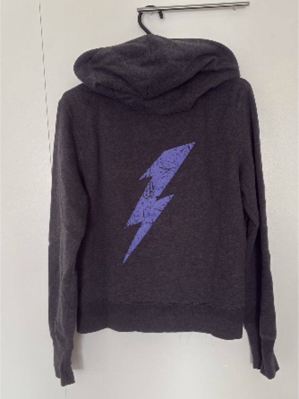 Grey Fleece-lined Hoodie Sweatshirt with Purple Decal and Kangaroo Pockets